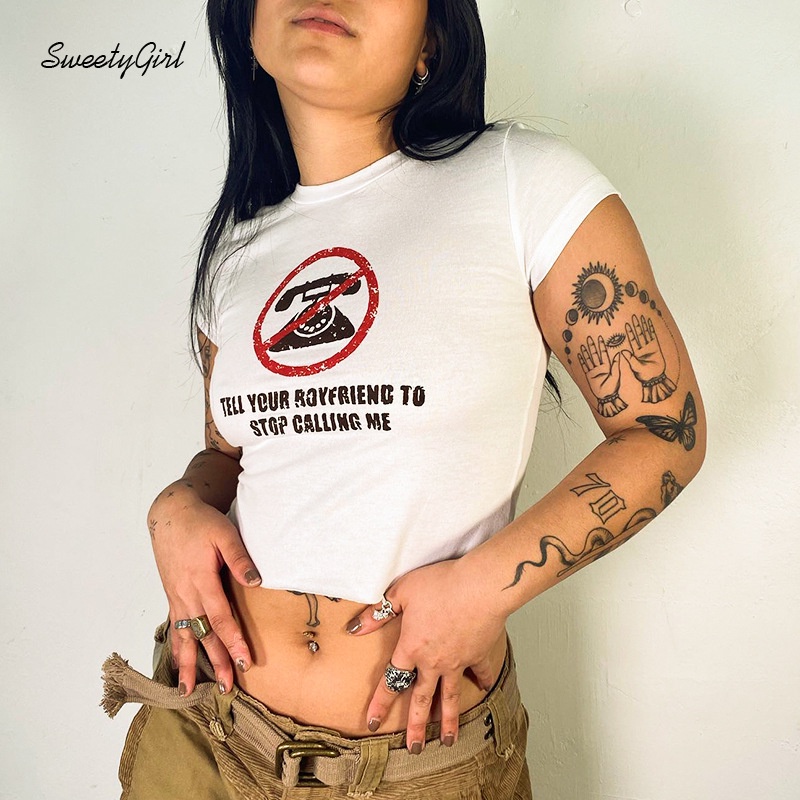 Áo Croptop Ngắn Tay Cổ Tròn In Chữ Phong Cách Đường Phố Thời Trang Cho Nữ