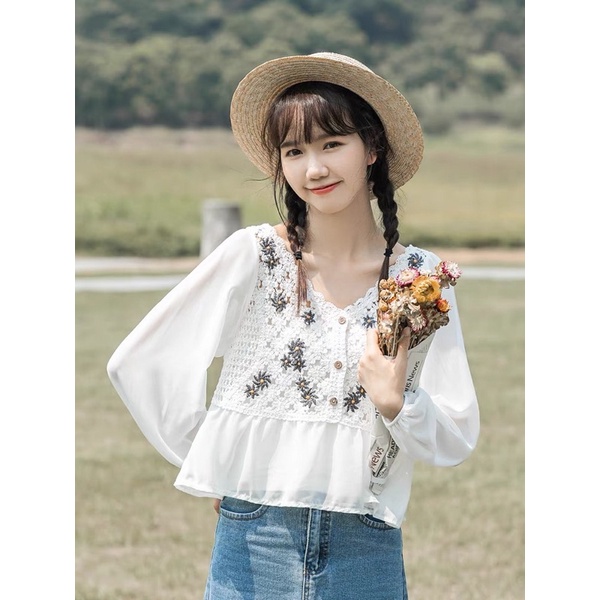 Áo voan tay dài cổ V họa tiết thêu phong cách retro cổ điển xinh xắn cho nữ/Áo Gile dệt kim Quảng Châu cao cấp