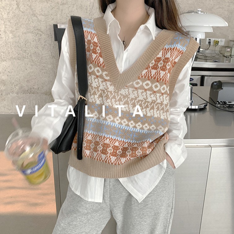 Áo gile len form rộng chất dệt kim họa tiết thổ cẩm Style Ulzzang Vitalita GL02 | WebRaoVat - webraovat.net.vn
