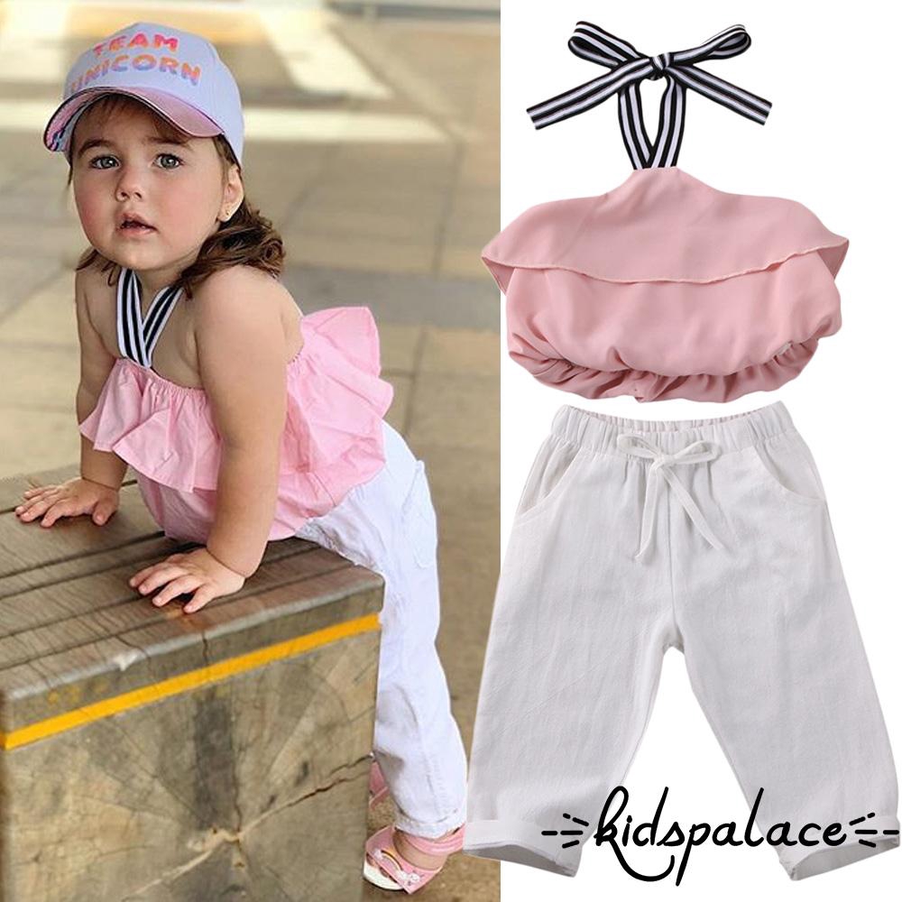 ➤♕❀❤Fashion Toddler Girls Off Shoulder Chiffon Sling Top Long Pants Set Outfits