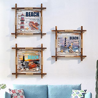 Khung tranh gỗ treo tường in chữ Beach và ngọn hải đăng size 45cm- Decor đồ trang trí theo phong cách biển Địa Trung Hải