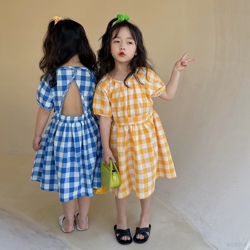 Đầm Công Chúa Tay Phồng Cổ Tròn Họa Tiết Sọc Caro Phong Cách Phương Tây Dễ Thương Thời Trang Mùa Hè Cho Bé Gái