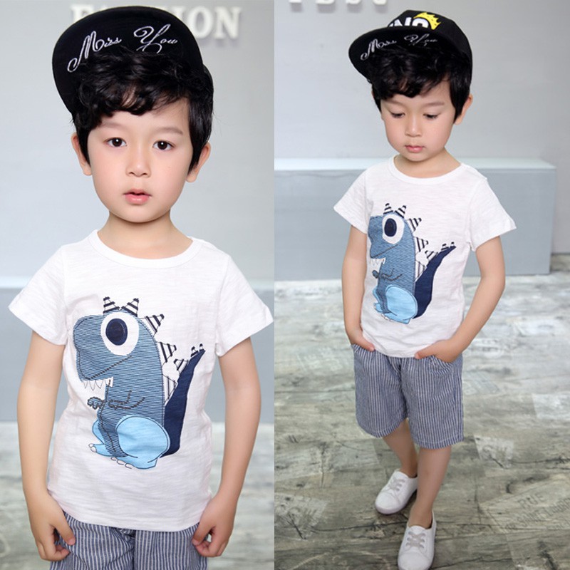 Set áo thun tay ngắn in hình khủng long + quần đùi thoải mái cho bé trai
