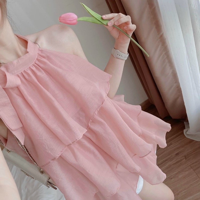 Sét bộ thời trang nữ mặc đi chơi chất voan tơ tầng cột cổ mix quần đùi for