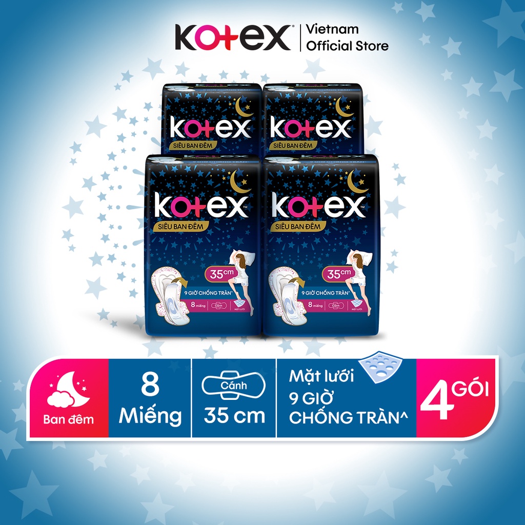 Combo 4 băng vệ sinh Kotex Siêu Ban Đêm 35cm 8miếng/gói