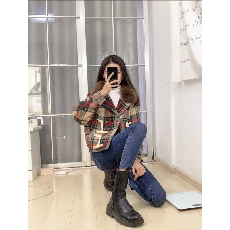 Áo khoác dạ kẻ cổ lông TQXK