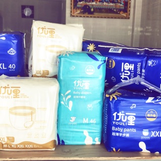 Bỉm YOULI Size M Quần88 ( Dán 92 miếng)/ L84 quần/ Xl 80/ XXL72