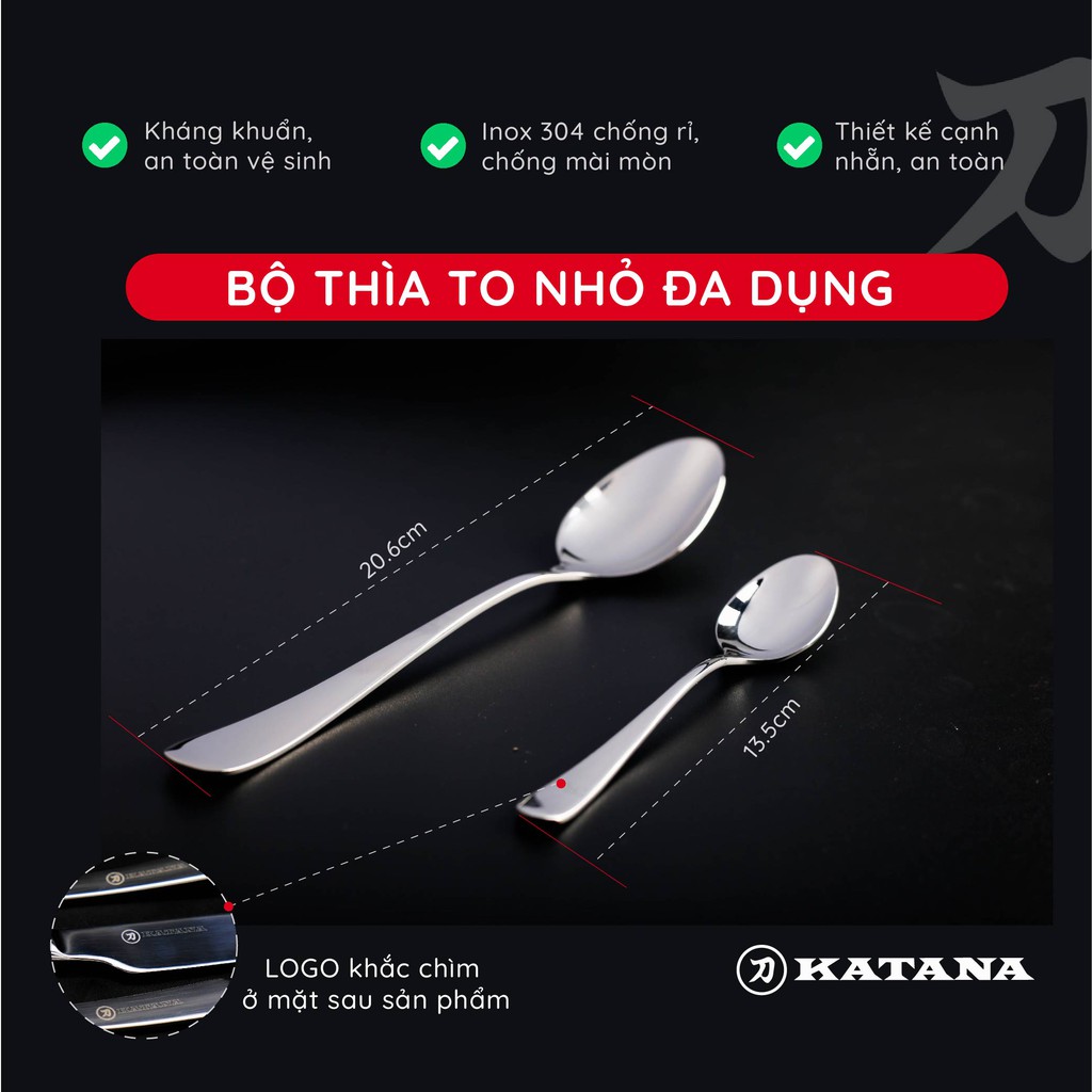 Bộ thìa súp và thìa uống trà, cafe inox vân trơn KATANA Elegance VTK285 8 món