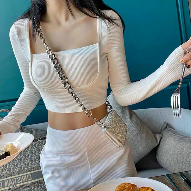 Áo croptop cổ vuông nhấn viền ngực tay dài siêu xinh phong cách Hàn Quốc co dãn tốt, áo croptop đẹp