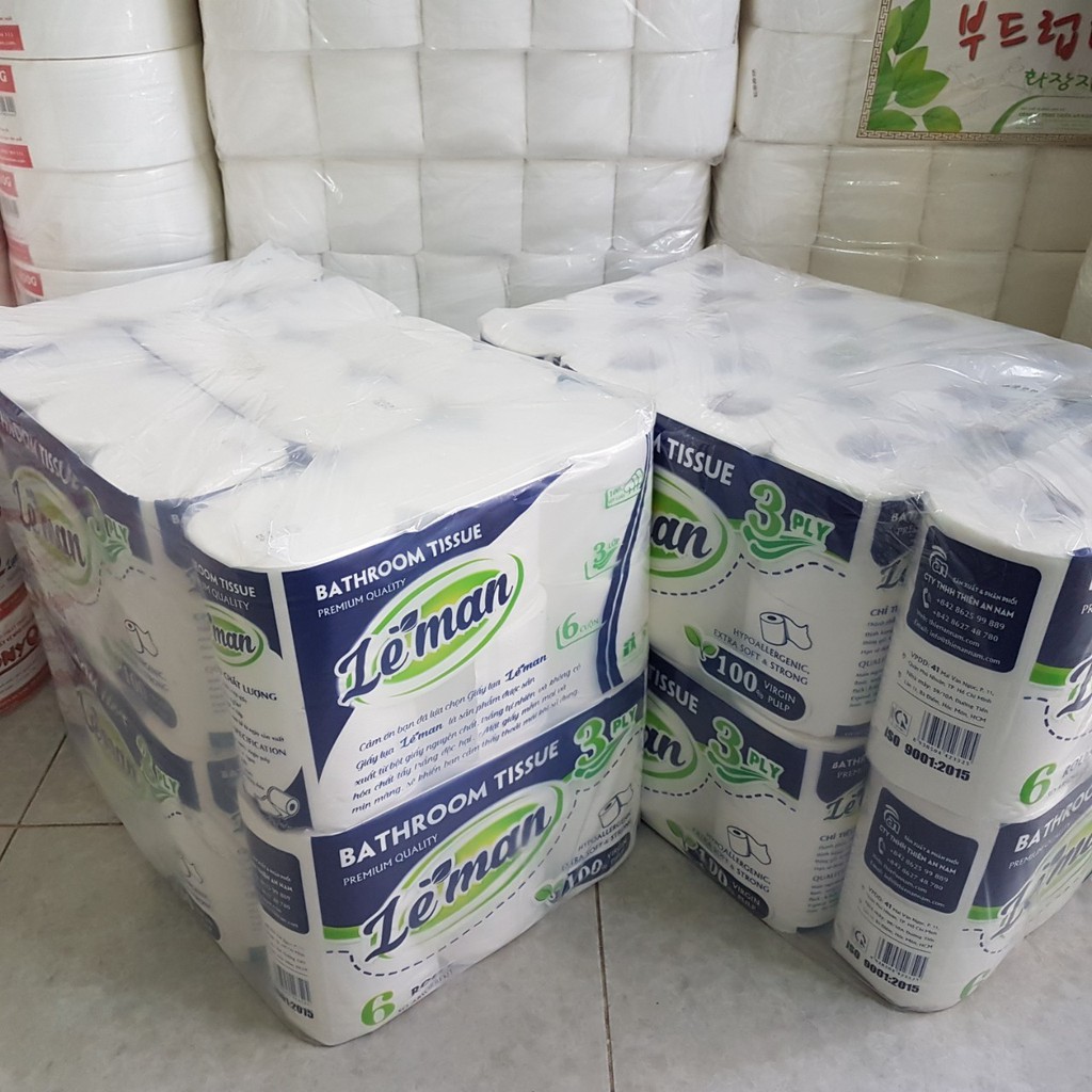 Cây (10 lốc) giấy vệ sinh Leman Xanh lốc 6 cuộn (60 cuộn) - KHÔNG LÕI HOẶC CÓ LÕI