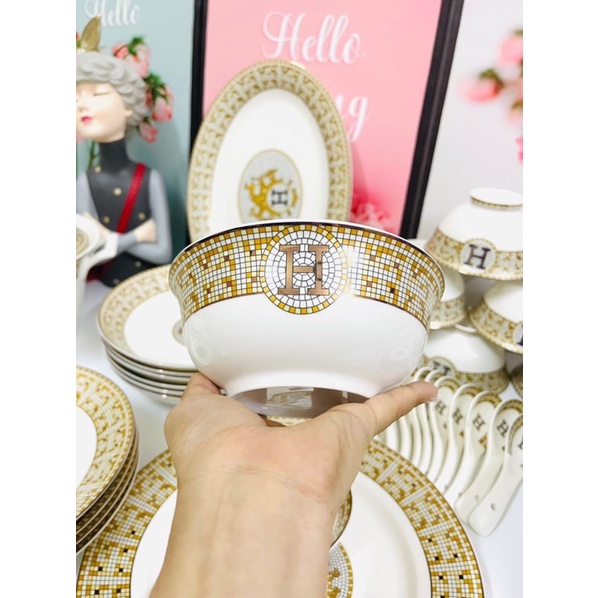 BỘ BÁT ĐĨA SỨ XƯƠNG CHỮ H🍀ẤM CHÉN SỨ XƯƠNG🍀PHỤ KIỆN CÙNG BỘ