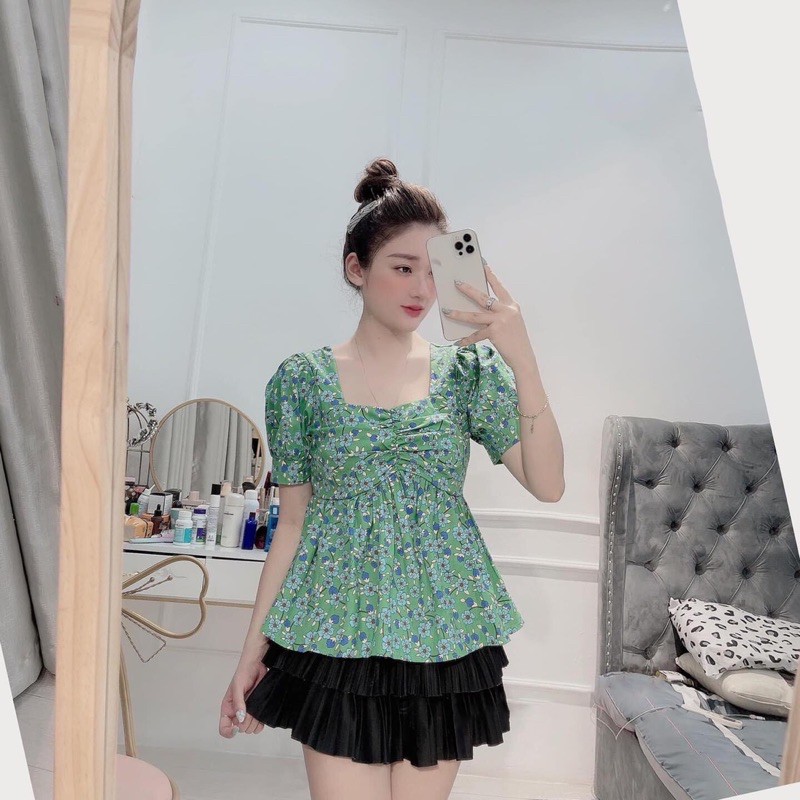 [Hàng Đẹp] Áo Hoa Xanh Peplum Tay Phồng Dúm Ngực, Áo Kiểu Nữ Dáng Babydoll Siêu Xinh Có Ảnh Thật Kèm Video