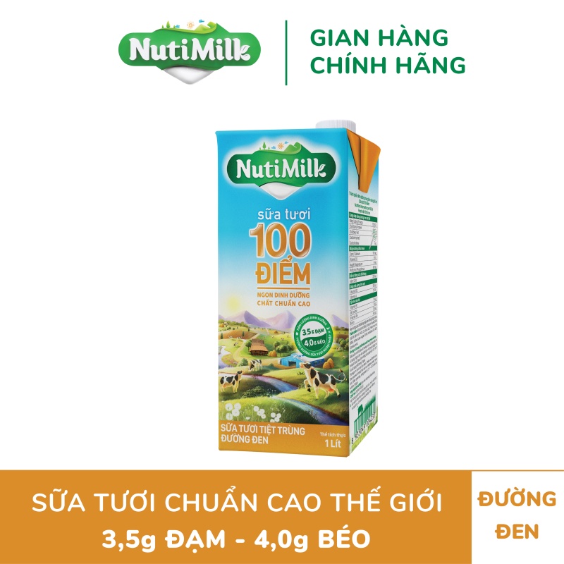 NutiMilk Sữa tươi 100 điểm - Sữa tươi tiệt trùng đường đen Hộp 1 Lít STDD1LSP - Thương Hiệu NUTIFOOD