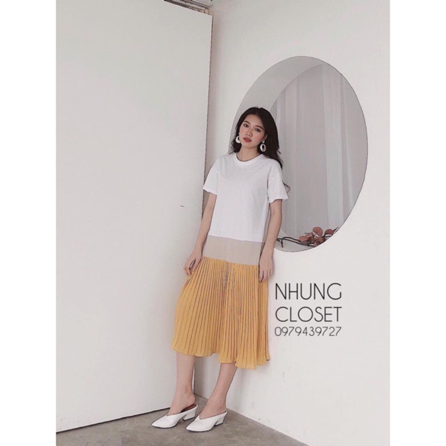 Đầm dáng suông thun tay ngắn phối chân dập li cách điệu (kèm ảnh thật)