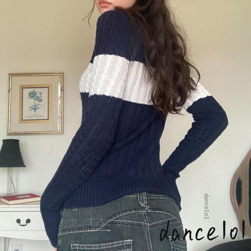 Áo Dệt Kim Nữ Tay Dài Cổ Chữ V Kẻ Sọc Ngang 1O1-y2k 2000s