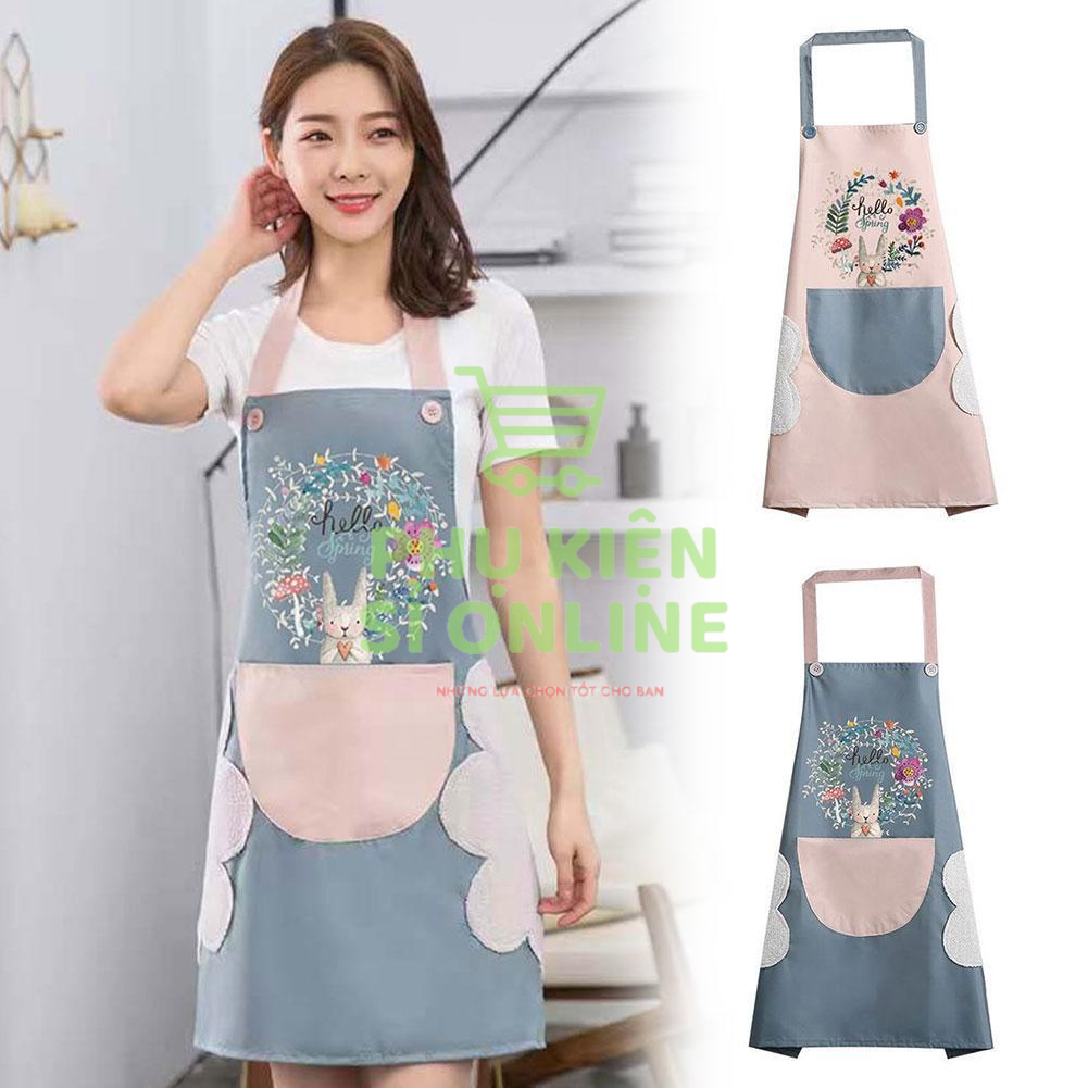Tạp dề chông thám nước họa tiết hoa thỏ dễ thương kèm lau tay và túi to
