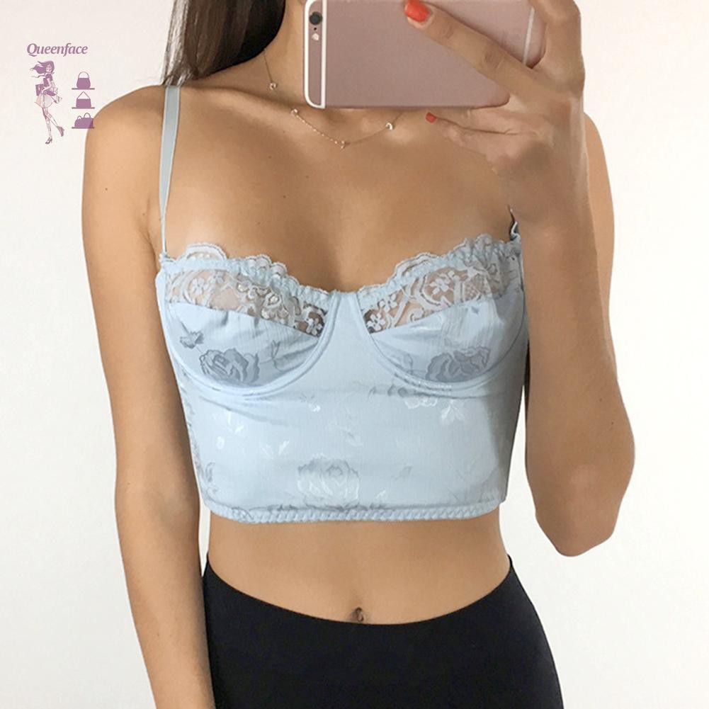 Áo Croptop Hai Dây Phối Ren Hoa Gợi Cảm Cho Nữ