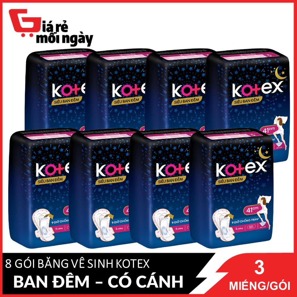 Combo 8 Băng Vệ Sinh Có Cánh 41cm Kotex Siêu Ban Đêm 9 Giờ Chống Tràn 3 miếng