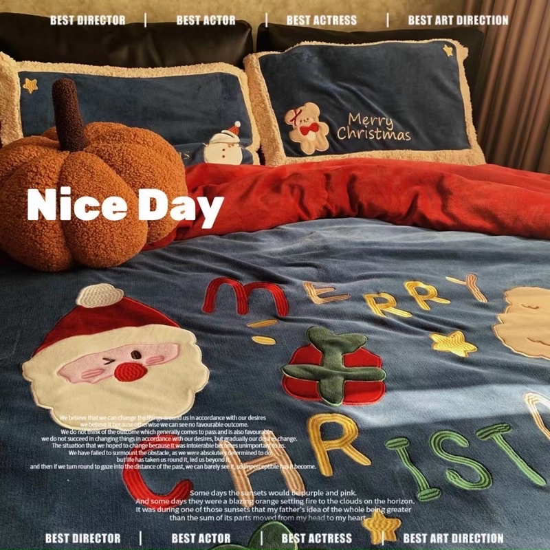 Bộ chăn ga gối nỉ nhung cao cấp Santa Claus Merry Christmas tặng kèm gối trang trí