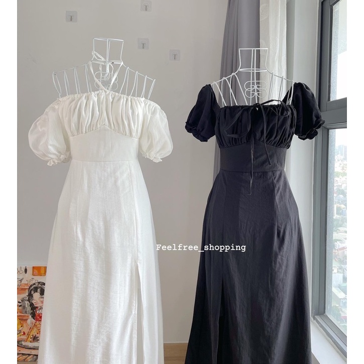 váy xẻ tả chỉnh ngực cổ vuông trễ vai trắng đen D049
