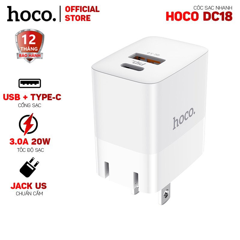 Cóc sạc nhanh Hoco DC18 QC3.0 20W cổng Usb và Type-C -Dành cho thiết bị Android, Apple