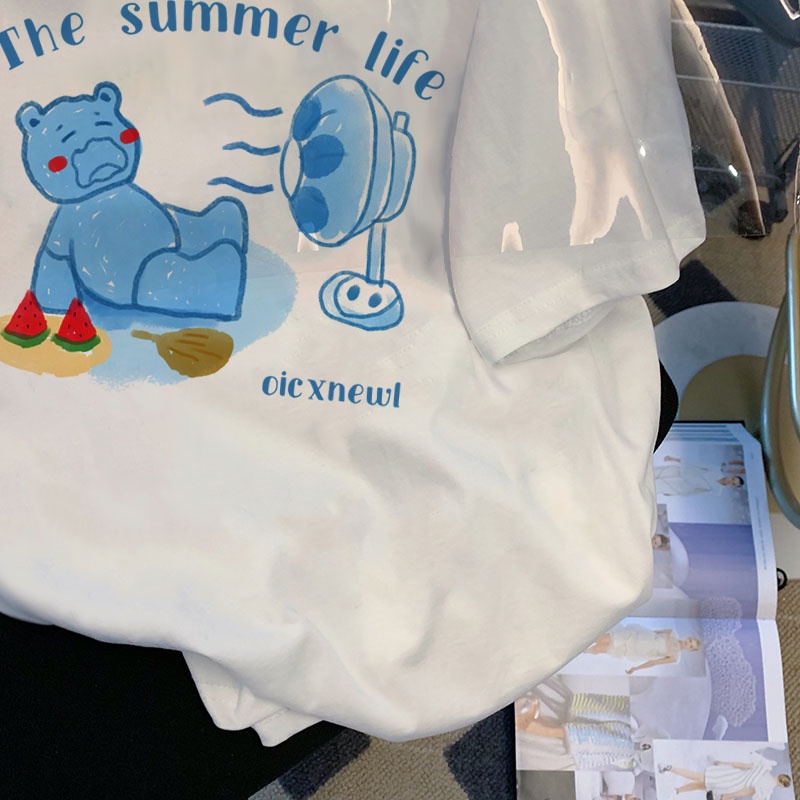 Áo Thun Nữ Dáng Rộng In Hình Gấu Hoạt Hình Dễ Thương Size 3XL