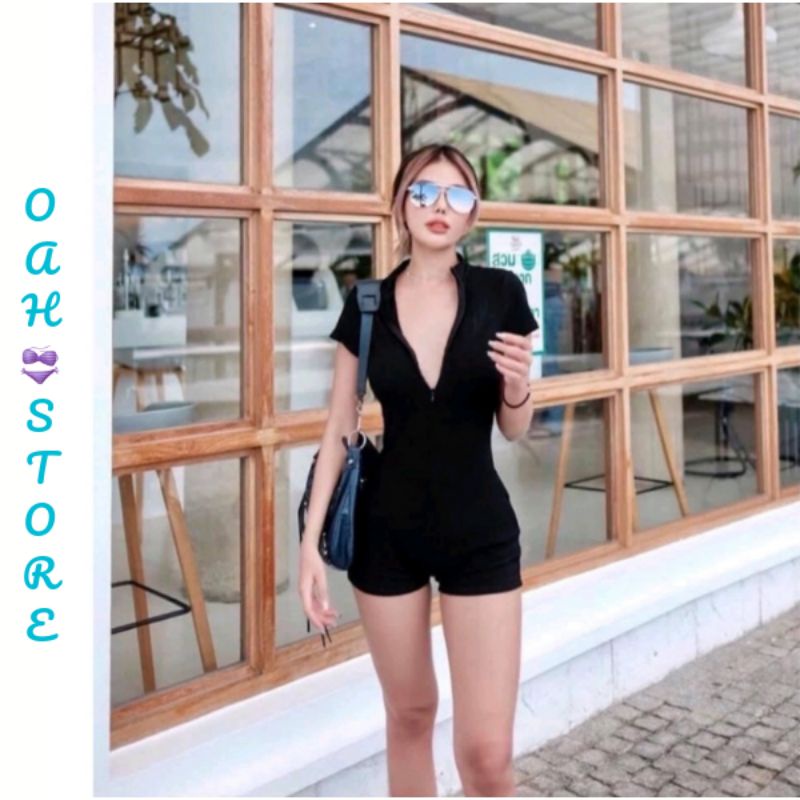 Đồ bơi, bộ bikini nữ liền mảnh tay ngắn khóa kéo form short