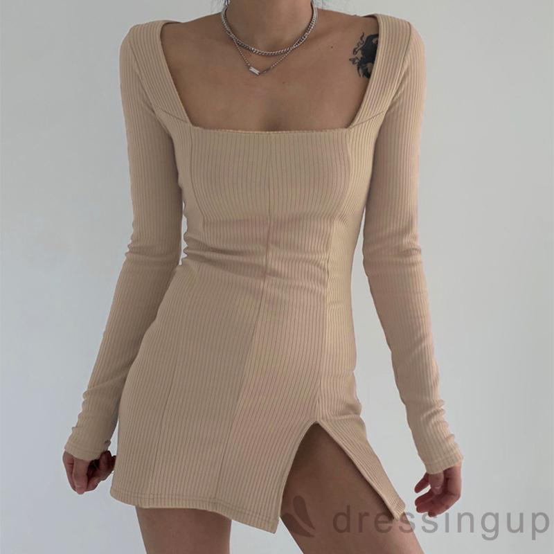 DRESSINGUP-Đầm tay dài cổ vuông màu trơn đơn giản dành cho nữ