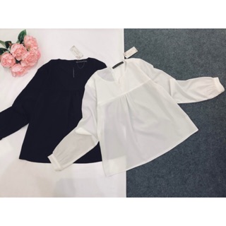 Áo sơ mi nữ dài tay nhún ngực cổ v, áo baby doll