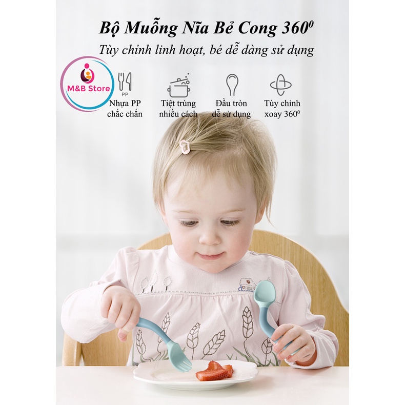 Bộ Muỗng Nĩa Ăn Dặm Bẻ Cong 360 Độ - BabyCare - Nhựa PP và TPE An Toàn