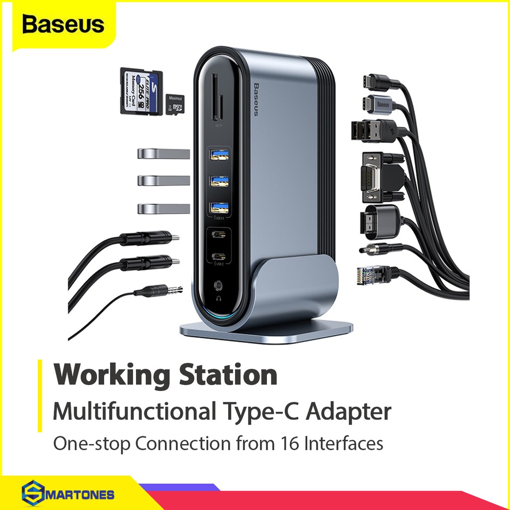 Bộ chuyển đổi Adapter Hub Baseus Work Station 16 in 1 mở rộng kết nối Lan,TF, AUX,HDMI,VGA,USB 3.0,Type C cho Laptop, PC