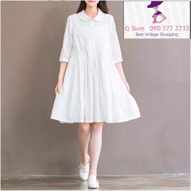 Đầm Babydoll trắng cổ peter pan