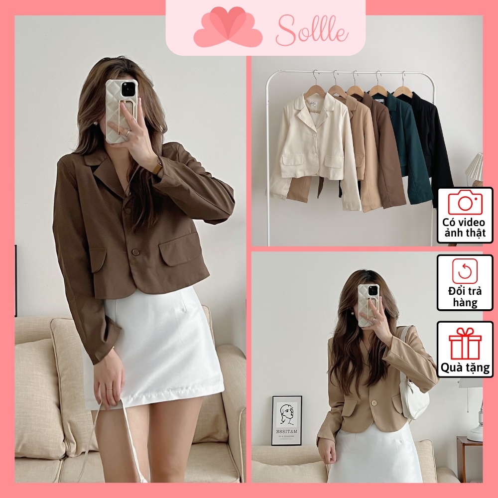 𝗦𝗔𝗟𝗘 Áo vest nữ khoác lửng croptop blazer dài tay trơn nhiều màu có đệm vai Hàn Quốc Sollle