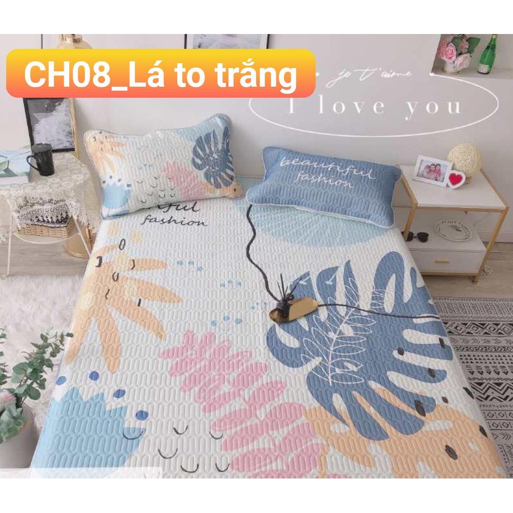 Chiếu điều hòa tencel,chiếu cao su non 5D,gồm 1 chiếu kèm 2 vỏ gối mẫu lá to trắng