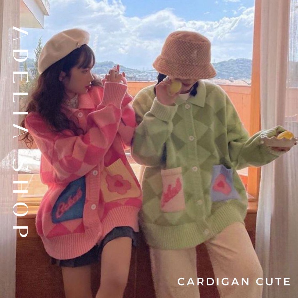 Sẵn - Cardigan Cute | Áo Khoác Len Cardigan Dáng Rộng Dày Dặn Họa Tiết Hình Thoi 2 Màu Hồng Xanh Nhẹ Nhàng Adelia Shop