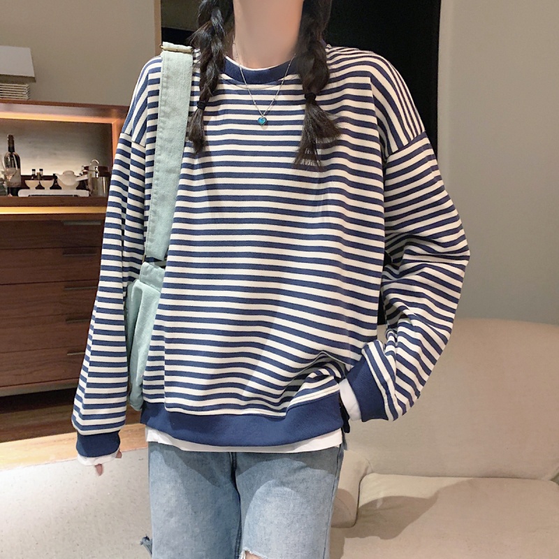 Áo Thun Sweater Mỏng Cổ Tròn Dáng Rộng Kẻ Sọc Thời Trang Mùa Thu Cho Nữ
