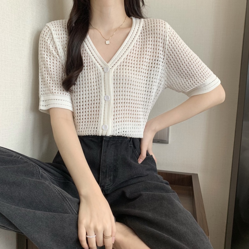 Áo thun ZHELIHANGFEI tay ngắn cổ chữ V họa tiết kẻ sọc thời trang cho nữ