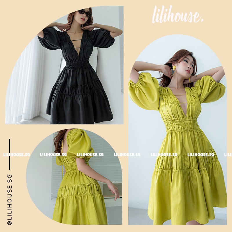 Đầm Midi Nhún Ngực Xẻ Sâu Dáng Váy Xòe Tay Phồng Lót Luạ Mềm - Đầm Tiểu Thư Dự Tiệc Dập Ly Chất Taffeta Ánh Kim 2 lớp