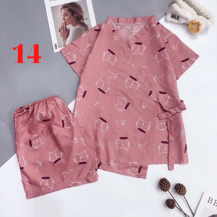 Bộ Kimono Cộc Tay Nữ ngắn siêu hot set pijama buộc nơ in hình chất mềm mịn mát cute YM45