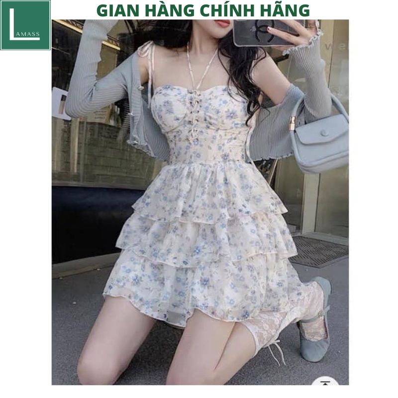 Váy voan hoa 2 dây xòe bồng tặng kèm áo choàng ngoài xám đậm kiểu dáng hàn quốc ulzzang tiểu thư dễ thương