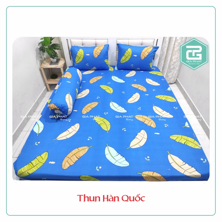 Bộ Ga Gối Thun Lạnh Hàn Quốc { 4 Món } họa tiết Lá Chuối ( 1 ga bọc + 2 vỏ gối nằm + 1 vỏ gối ôm )