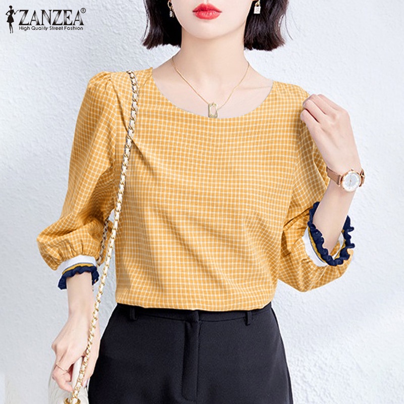 Zanzea Áo Kiểu Nữ Cổ Tròn Tay 3 / 4 Họa Tiết Caro Thời Trang Thanh Lịch