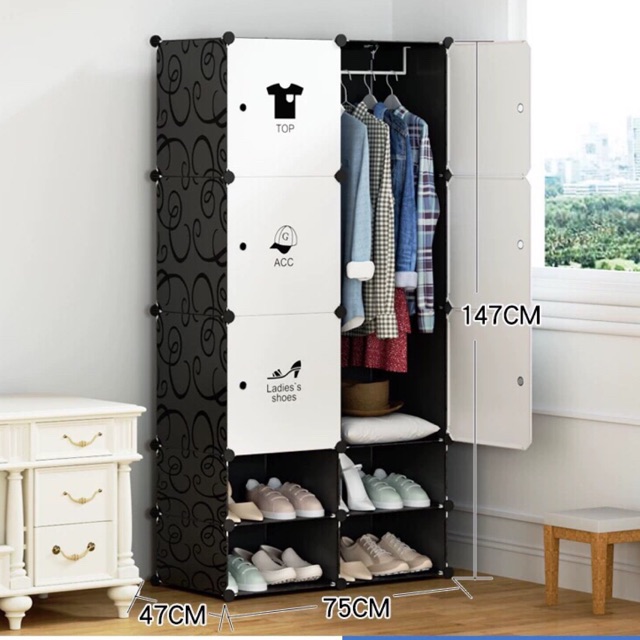 TỦ NHỰA GHÉP 6 Ô KÈM 4 Ô GIÀY CÓ CỬA ĐẦY ĐỦ SÂU 47cm. Tặng kèm 1 treo đồ.