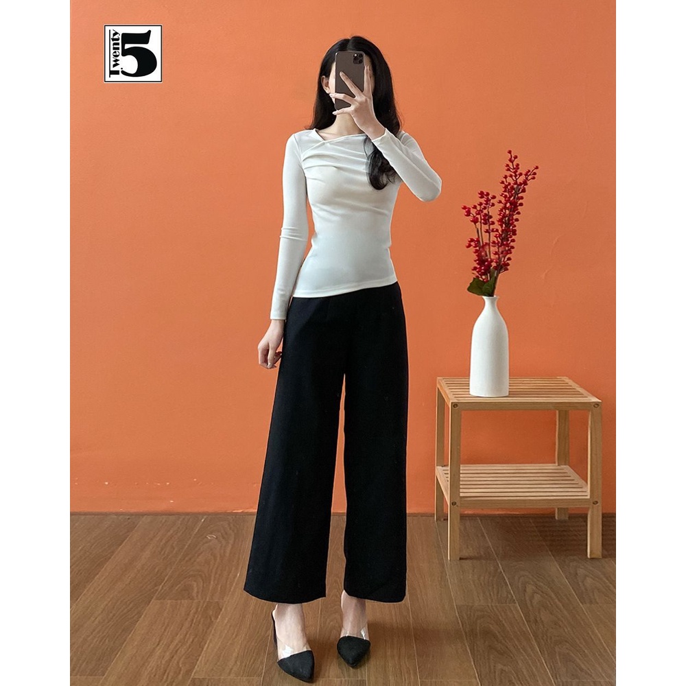 Áo thun gân nữ cổ chéo tay dài vạt chéo form nhỏ Twentyfive H42