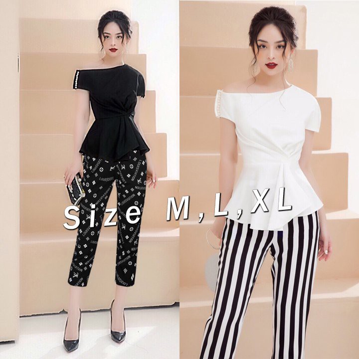 Set nguyên bộ áo peplum lệch vai kết hạt quần lửng thiết kế cao cấp