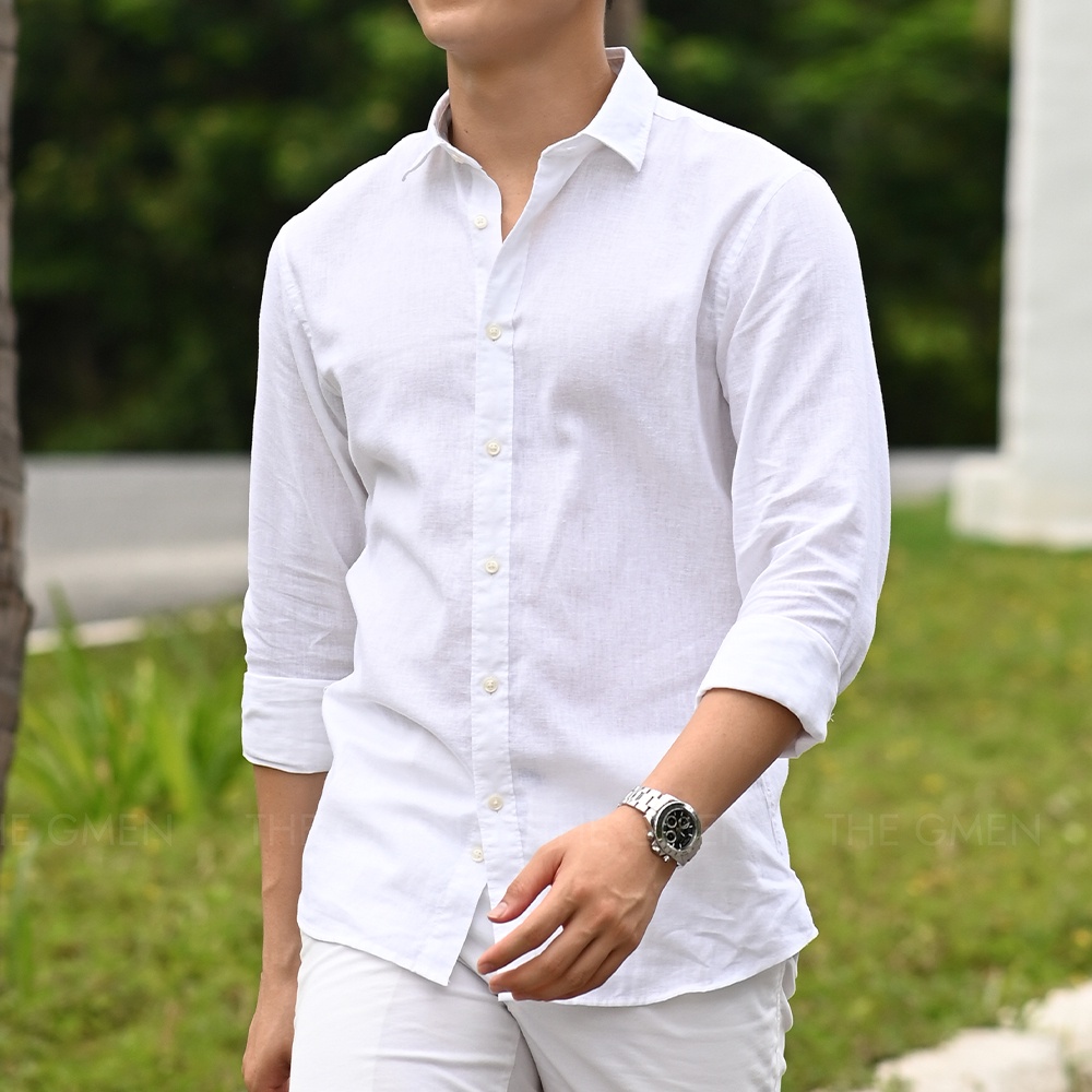 Áo sơ mi Linen trắng cho nam tay dài THE GMEN Blanc Shirt vải nhẹ, mềm mại, khô thoáng giá tốt