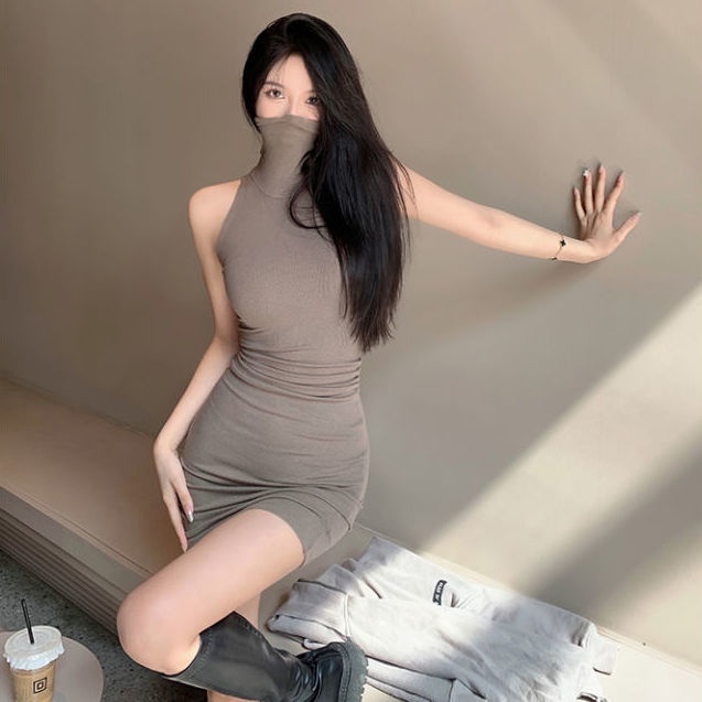 Đầm Body Ngắn Sexy Cổ Cao Màu Đen Không Tay Thời Trang Váy Tiểu Thư Phong Cách Hàn Quốc
