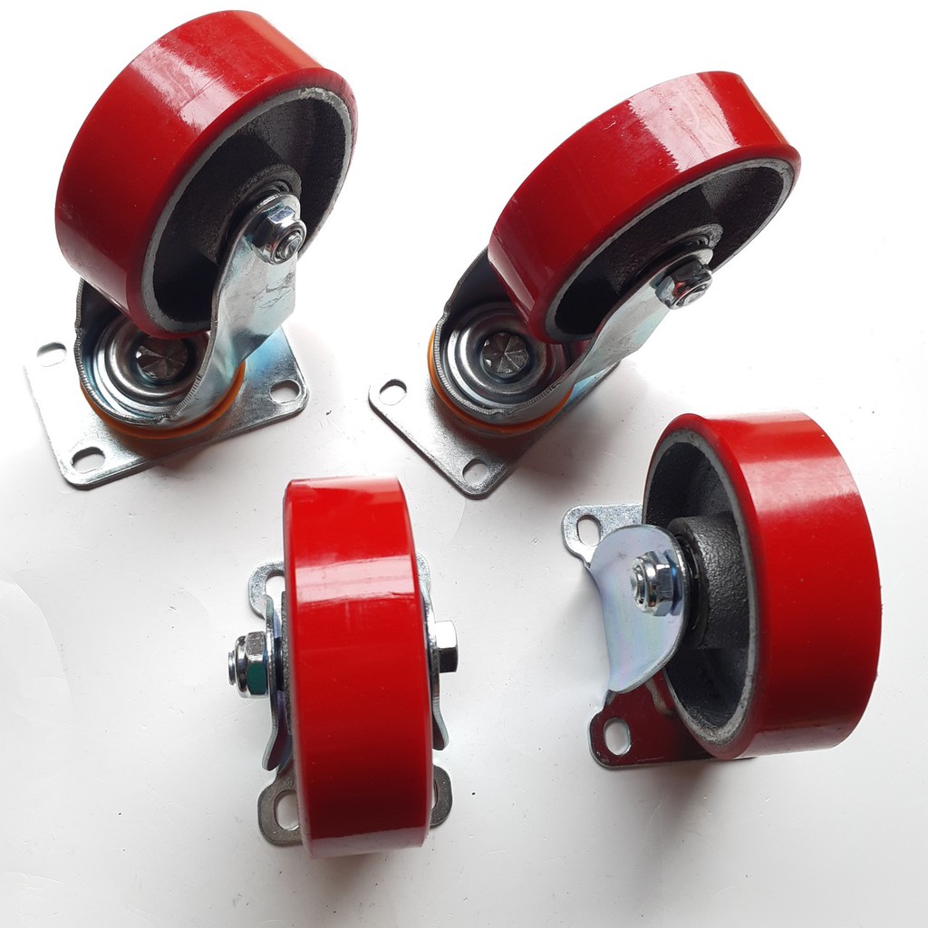 Bộ 4 Bánh xe PU – với đường kính 100mm bề rộng bánh 32mm - MITUHOME- Được sản xuất từ gang đúc đặc bọc lớp PU loại 100mm