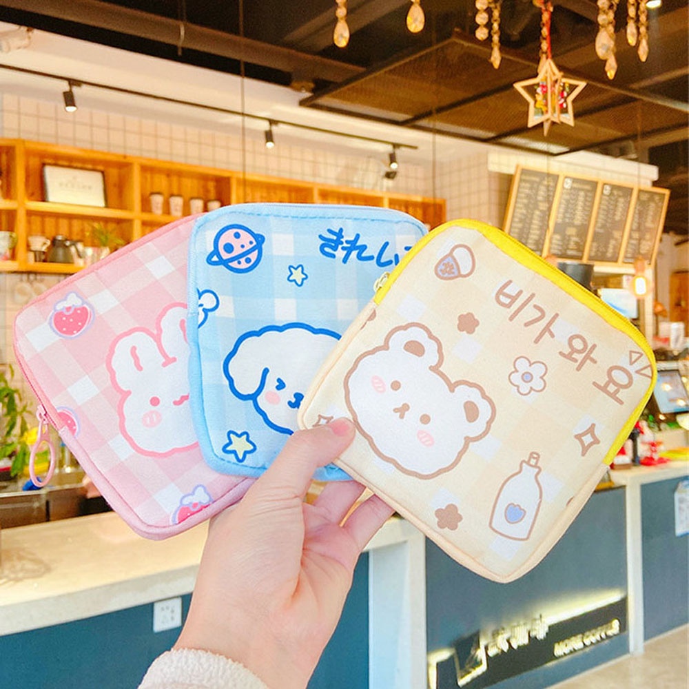 [Hàng mới về] Túi vải canvas đựng băng vệ sinh/khăn giấy/thẻ/tiền xu họa tiết hoạt hình phong cách hàn quốc dễ thương