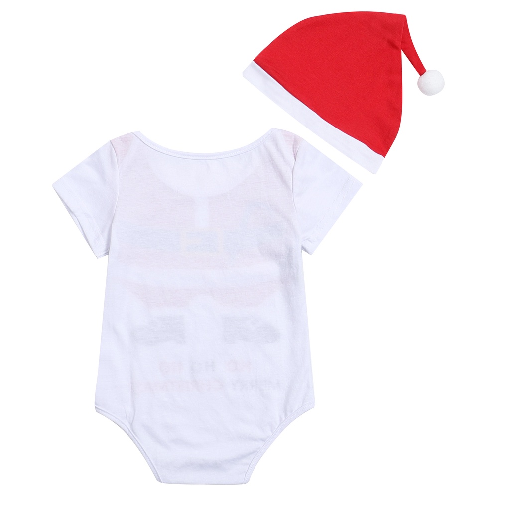 Set Đồ Giáng Sinh 2 Món Gồm Áo Liền Quần Tay Ngắn Cổ Tròn In Họa Tiết + Mũ Đính Bóng Lông Cho Bé Sơ Sinh